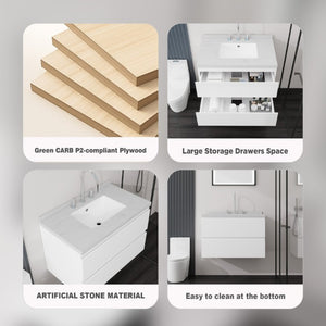 English Elm 30 Inch Floating Bathroom Vanity Plywood Cabinet Cultured Marble Undermount Sink White Carrara White B2775S00266