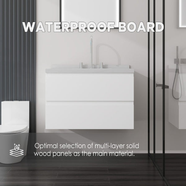 English Elm 30 Inch Floating Bathroom Vanity Plywood Cabinet Cultured Marble Undermount Sink White Carrara White B2775S00266