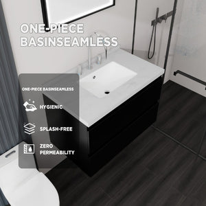 English Elm 30 Inch Floating Bathroom Vanity Plywood Cabinet Cultured Marble Undermount Sink Black Carrara White B2775S00267