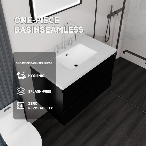 English Elm 30 Inch Floating Bathroom Vanity Plywood Cabinet Cultured Marble Undermount Sink Black Carrara White B2775S00267