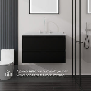 English Elm 30 Inch Floating Bathroom Vanity Plywood Cabinet Cultured Marble Undermount Sink Black Carrara White B2775S00267