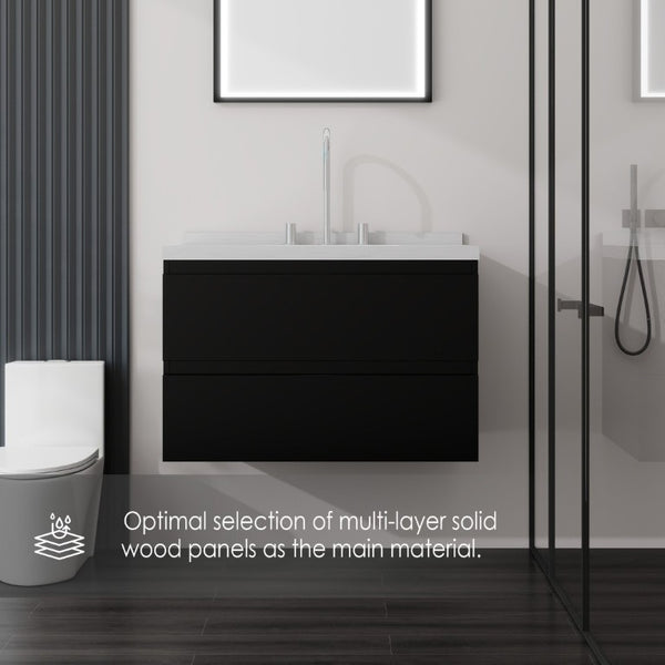 English Elm 30 Inch Floating Bathroom Vanity Plywood Cabinet Cultured Marble Undermount Sink Black Carrara White B2775S00267
