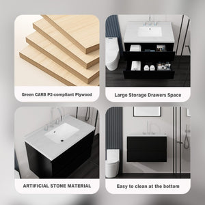 English Elm 30 Inch Floating Bathroom Vanity Plywood Cabinet Cultured Marble Undermount Sink Black Carrara White B2775S00267