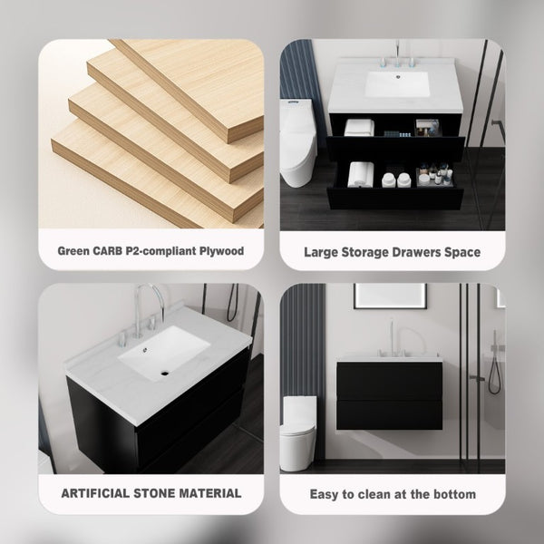 English Elm 30 Inch Floating Bathroom Vanity Plywood Cabinet Cultured Marble Undermount Sink Black Carrara White B2775S00267