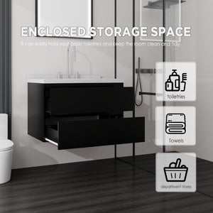English Elm 30 Inch Floating Bathroom Vanity Plywood Cabinet Cultured Marble Undermount Sink Black Carrara White B2775S00267