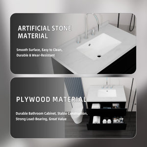 English Elm 30 Inch Floating Bathroom Vanity Plywood Cabinet Cultured Marble Undermount Sink Black Carrara White B2775S00267