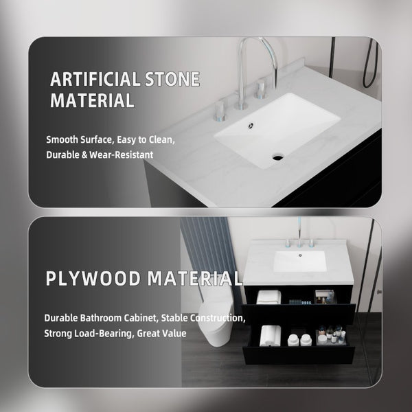 English Elm 30 Inch Floating Bathroom Vanity Plywood Cabinet Cultured Marble Undermount Sink Black Carrara White B2775S00267