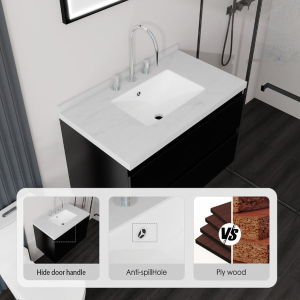 English Elm 30 Inch Floating Bathroom Vanity Plywood Cabinet Cultured Marble Undermount Sink Black Carrara White B2775S00267