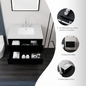 English Elm 30 Inch Floating Bathroom Vanity Plywood Cabinet Cultured Marble Undermount Sink Black Carrara White B2775S00267