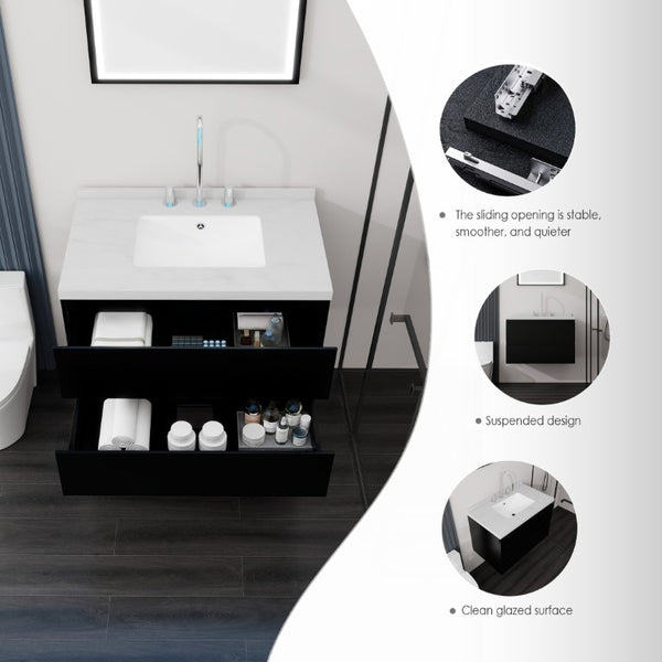 English Elm 30 Inch Floating Bathroom Vanity Plywood Cabinet Cultured Marble Undermount Sink Black Carrara White B2775S00267