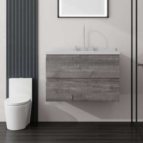 English Elm 30 Inch Floating Bathroom Vanity Plywood Cabinet Cultured Marble Undermount Sink Grey Carrara White B2775S00268