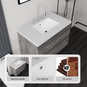 English Elm 30 Inch Floating Bathroom Vanity Plywood Cabinet Cultured Marble Undermount Sink Grey Carrara White B2775S00268