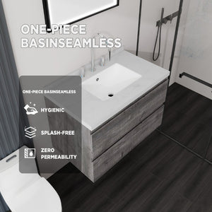 English Elm 30 Inch Floating Bathroom Vanity Plywood Cabinet Cultured Marble Undermount Sink Grey Carrara White B2775S00268