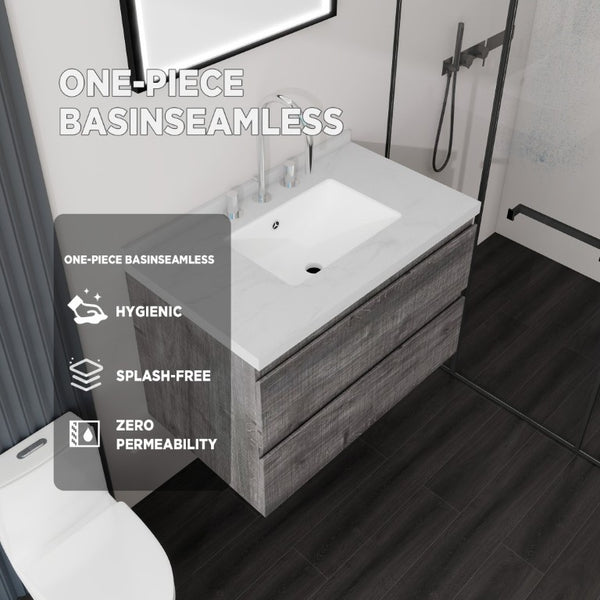 English Elm 30 Inch Floating Bathroom Vanity Plywood Cabinet Cultured Marble Undermount Sink Grey Carrara White B2775S00268
