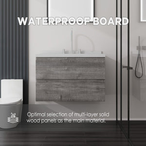 English Elm 30 Inch Floating Bathroom Vanity Plywood Cabinet Cultured Marble Undermount Sink Grey Carrara White B2775S00268