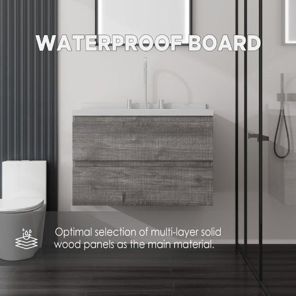 English Elm 30 Inch Floating Bathroom Vanity Plywood Cabinet Cultured Marble Undermount Sink Grey Carrara White B2775S00268
