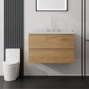 English Elm 30 Inch Floating Bathroom Vanity Plywood Cabinet Cultured Marble Undermount Sink Oak Carrara White B2775S00269