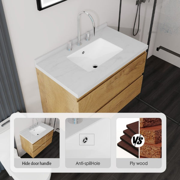 English Elm 30 Inch Floating Bathroom Vanity Plywood Cabinet Cultured Marble Undermount Sink Oak Carrara White B2775S00269