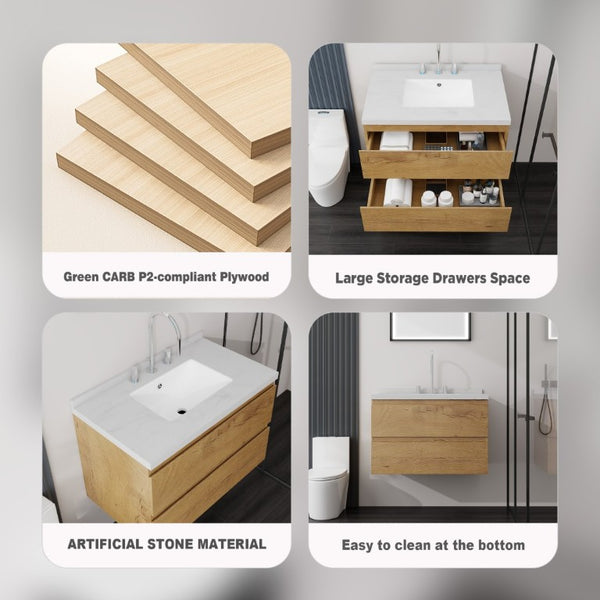 English Elm 30 Inch Floating Bathroom Vanity Plywood Cabinet Cultured Marble Undermount Sink Oak Carrara White B2775S00269