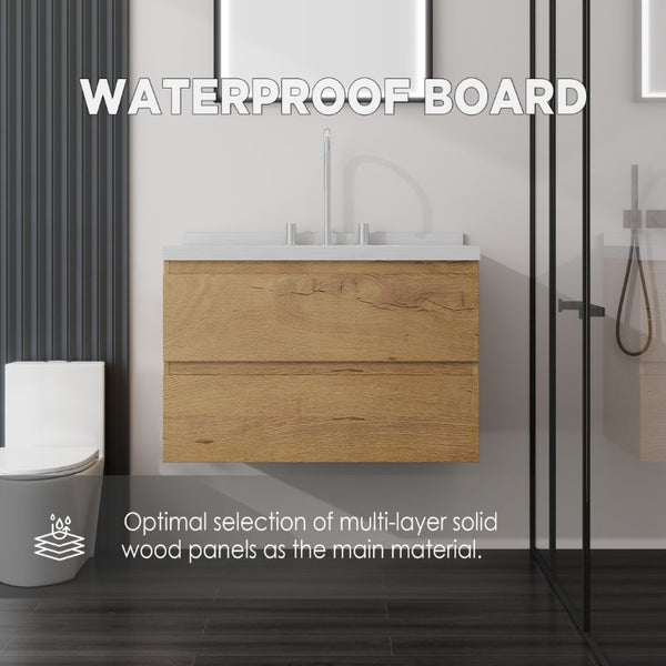 English Elm 30 Inch Floating Bathroom Vanity Plywood Cabinet Cultured Marble Undermount Sink Oak Carrara White B2775S00269