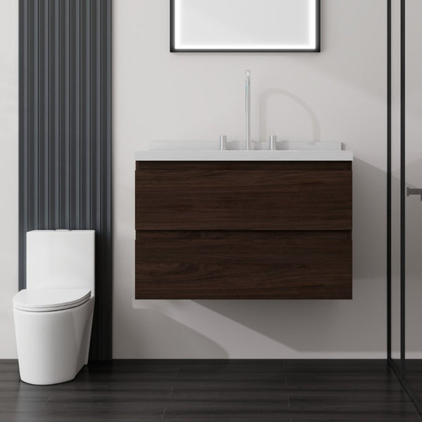 English Elm 30 Inch Floating Bathroom Vanity Plywood Cabinet Cultured Marble Undermount Sink Brown Carrara White B2775S00270