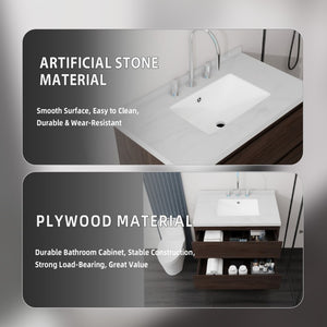 English Elm 30 Inch Floating Bathroom Vanity Plywood Cabinet Cultured Marble Undermount Sink Brown Carrara White B2775S00270