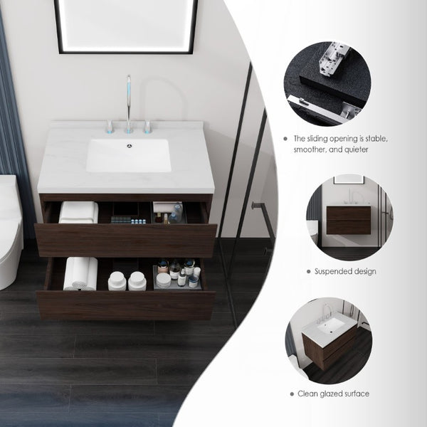 English Elm 30 Inch Floating Bathroom Vanity Plywood Cabinet Cultured Marble Undermount Sink Brown Carrara White B2775S00270