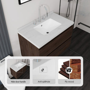 English Elm 30 Inch Floating Bathroom Vanity Plywood Cabinet Cultured Marble Undermount Sink Brown Carrara White B2775S00270