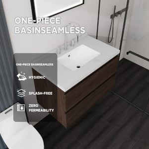 English Elm 30 Inch Floating Bathroom Vanity Plywood Cabinet Cultured Marble Undermount Sink Brown Carrara White B2775S00270