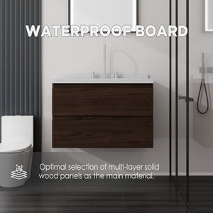 English Elm 30 Inch Floating Bathroom Vanity Plywood Cabinet Cultured Marble Undermount Sink Brown Carrara White B2775S00270