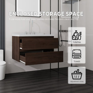 English Elm 30 Inch Floating Bathroom Vanity Plywood Cabinet Cultured Marble Undermount Sink Brown Carrara White B2775S00270