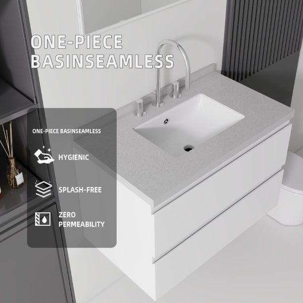 English Elm 30 Inch Floating Bathroom Vanity Plywood Cabinet Cultured Marble Undermount Sink White Granite White B2775S00271