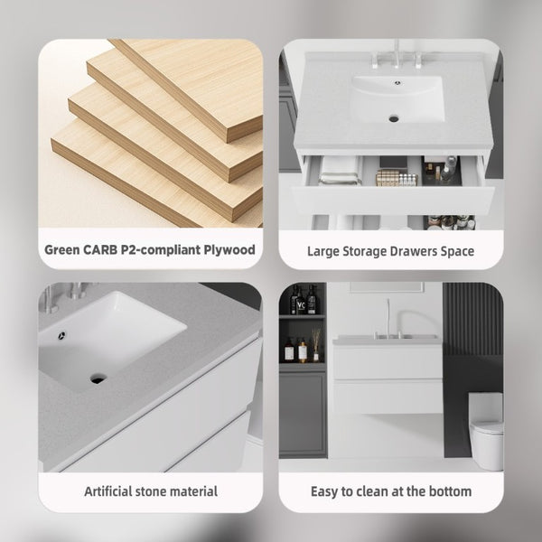 English Elm 30 Inch Floating Bathroom Vanity Plywood Cabinet Cultured Marble Undermount Sink White Granite White B2775S00271