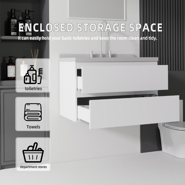 English Elm 30 Inch Floating Bathroom Vanity Plywood Cabinet Cultured Marble Undermount Sink White Granite White B2775S00271