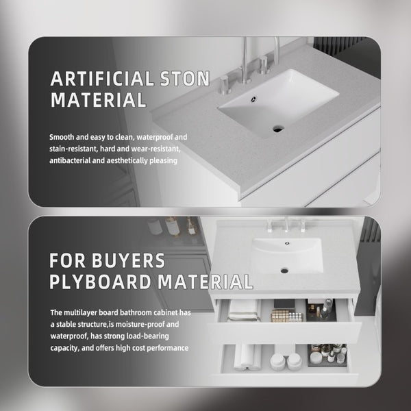 English Elm 30 Inch Floating Bathroom Vanity Plywood Cabinet Cultured Marble Undermount Sink White Granite White B2775S00271
