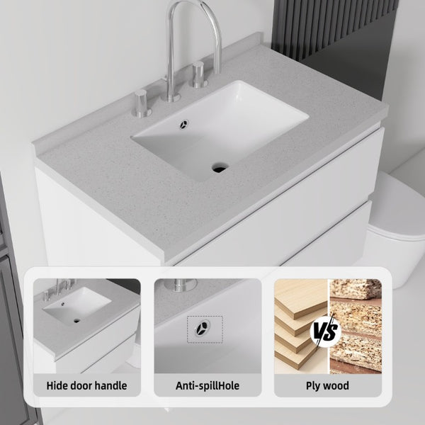 English Elm 30 Inch Floating Bathroom Vanity Plywood Cabinet Cultured Marble Undermount Sink White Granite White B2775S00271