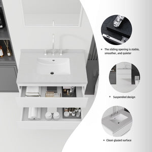 English Elm 30 Inch Floating Bathroom Vanity Plywood Cabinet Cultured Marble Undermount Sink White Granite White B2775S00271