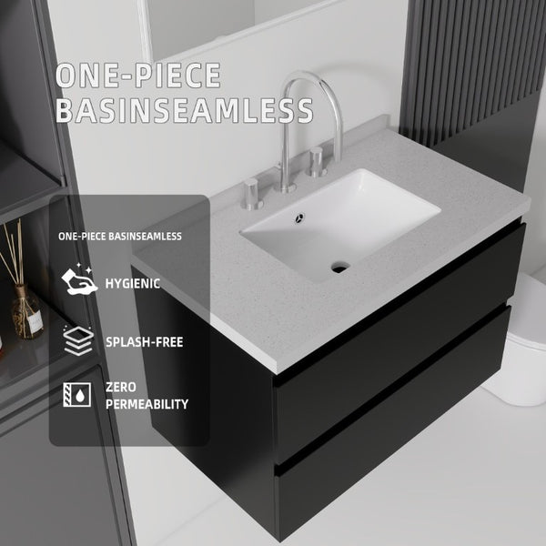 English Elm 30 Inch Floating Bathroom Vanity Plywood Cabinet Cultured Marble Undermount Sink Black Granite White B2775S00272