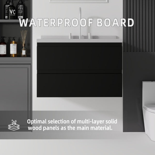 English Elm 30 Inch Floating Bathroom Vanity Plywood Cabinet Cultured Marble Undermount Sink Black Granite White B2775S00272