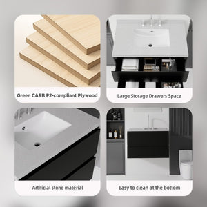 English Elm 30 Inch Floating Bathroom Vanity Plywood Cabinet Cultured Marble Undermount Sink Black Granite White B2775S00272