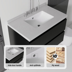 English Elm 30 Inch Floating Bathroom Vanity Plywood Cabinet Cultured Marble Undermount Sink Black Granite White B2775S00272