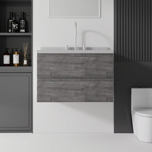 English Elm 30 Inch Floating Bathroom Vanity Plywood Cabinet Cultured Marble Undermount Sink Grey Granite White B2775S00273