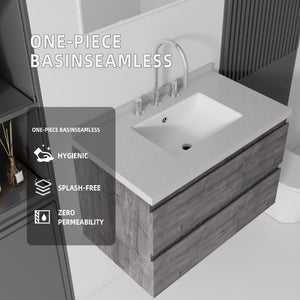 English Elm 30 Inch Floating Bathroom Vanity Plywood Cabinet Cultured Marble Undermount Sink Grey Granite White B2775S00273