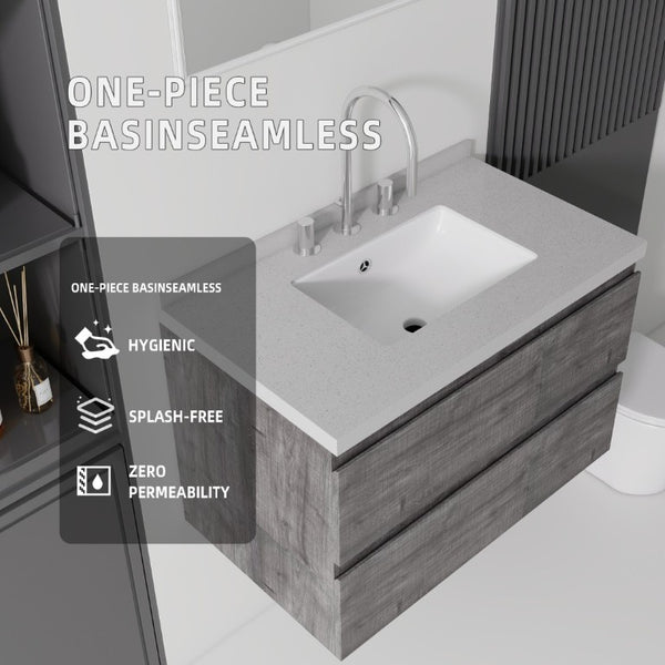 English Elm 30 Inch Floating Bathroom Vanity Plywood Cabinet Cultured Marble Undermount Sink Grey Granite White B2775S00273