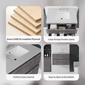 English Elm 30 Inch Floating Bathroom Vanity Plywood Cabinet Cultured Marble Undermount Sink Grey Granite White B2775S00273