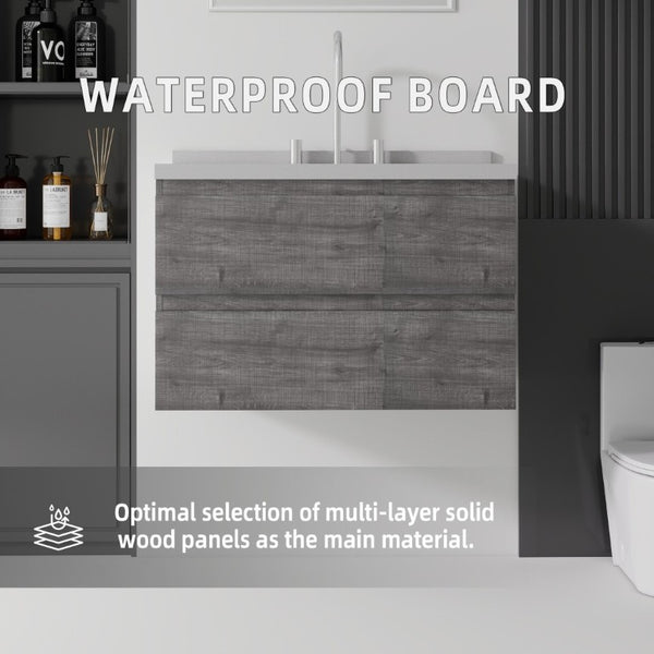 English Elm 30 Inch Floating Bathroom Vanity Plywood Cabinet Cultured Marble Undermount Sink Grey Granite White B2775S00273