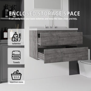 English Elm 30 Inch Floating Bathroom Vanity Plywood Cabinet Cultured Marble Undermount Sink Grey Granite White B2775S00273