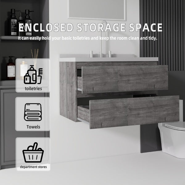 English Elm 30 Inch Floating Bathroom Vanity Plywood Cabinet Cultured Marble Undermount Sink Grey Granite White B2775S00273