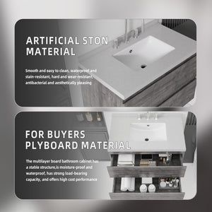 English Elm 30 Inch Floating Bathroom Vanity Plywood Cabinet Cultured Marble Undermount Sink Grey Granite White B2775S00273