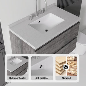 English Elm 30 Inch Floating Bathroom Vanity Plywood Cabinet Cultured Marble Undermount Sink Grey Granite White B2775S00273